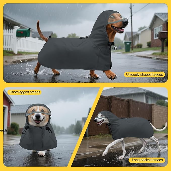 DENTRUN Dog Rain Poncho for Corgi, Schnauzer – Waterproof & Quick-Dry – Hooded Design with Leash Hole for Outdoor Adventures, Camping, City Strolls, L