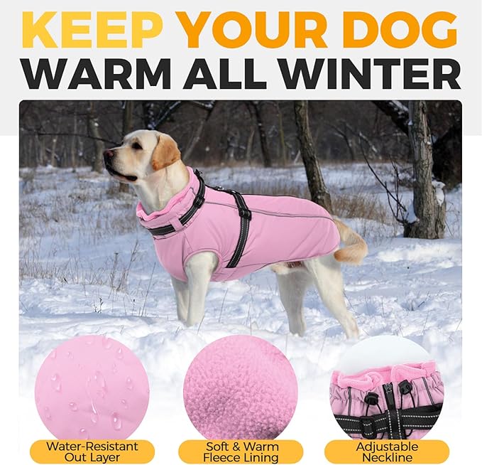 Lelepet Dog Coat with Harness Built in, Waterproof Dog Jacket for Large Dogs Reflective Winter Jacket with Zip Warm Cold Weather Coats for Dogs, Cozy Turtleneck Pet Snowsuit, Great Dane, Pink, 3XL