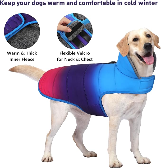Dog Winter Coat, Waterproof Dog Jacket with Leash Hole, Reflective Adjustable Pet Snow Vest, Warm Fleece Sweater for Small Medium Large Dogs - Gradient Blue, XL