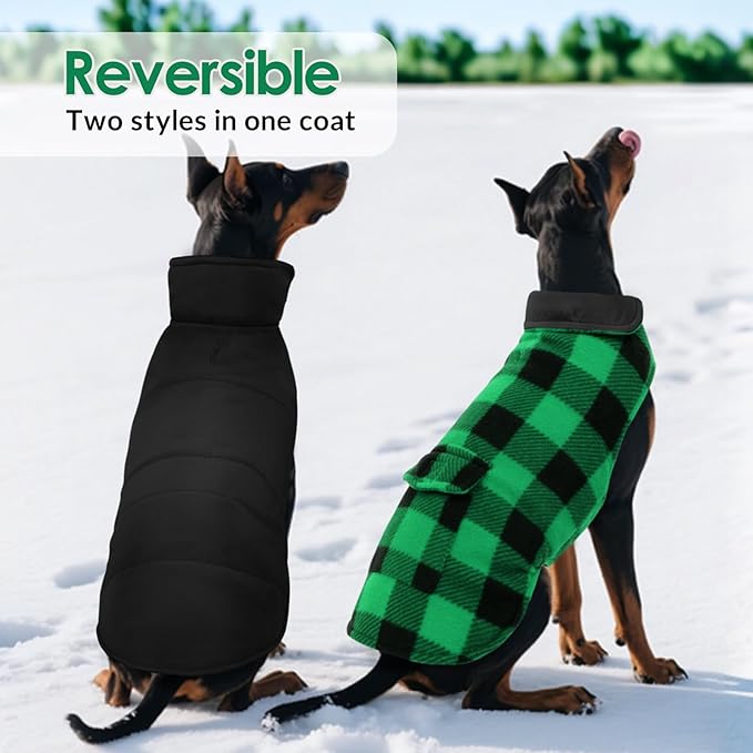 ASENKU Dog Winter Coat, Fleece Doggie Jacket Plaid Reversible Vest Waterproof Windproof Cold Weather Clothes for Small Medium Large Dogs (Green, XL)