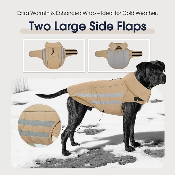 IECOii Dog Coat Waterproof - Adjustable & Reflective Winter Jacket with Cozy Fleece Lining, Coats for Rainy, Snowy Outdoor Activities, Khaki, Sizes M