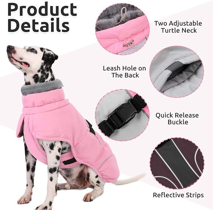 Queenmore Large Dog Cold Weather Coats, Fleece Collar Dog Apparel for Winter, Thick Dogs Snowsuit, XXL Pet Jackets Winter with Quick Release, Pink, XXL