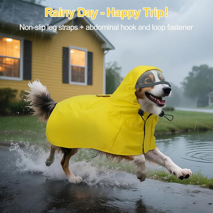 DENTRUN Waterproof Dog Rain Jacket with Hood for Golden Retriever, Husky – Extra-Long Coverage for Heavy Rain, Beach Trips, Dog Parks – Magic Tape & Mesh Lining, XXL
