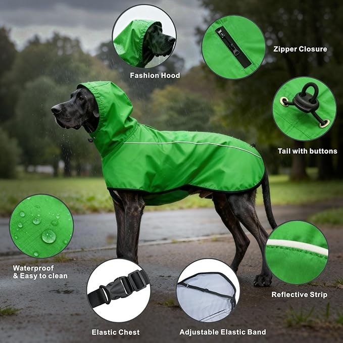 Mosucoirl Dog Raincoat Jacket Reflective Adjustable Hooded Pet Poncho Rain Coats with Leash Hole Waterproof Clothes for Small Medium Large Dogs (Green, L)