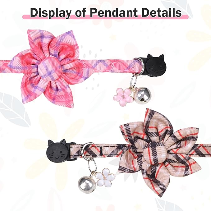 Cat Collar with Bells- Breakaway Cat Collar for Girl Cats- Flower Cat Collars with Removable Floral Safety Buckle- Cute Kitten Collar Adjustable 8"-12" for Kitty Puppy and Small Pets