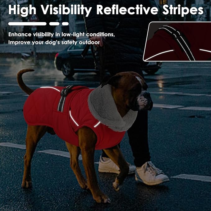 Dog Coat, Waterproof Dog Winter Jacket with Adjustable Buckle, Reflective Turtleneck Pet Snow Vest Warm Fleece Sweater for Small Medium Large Dogs - Red, XL