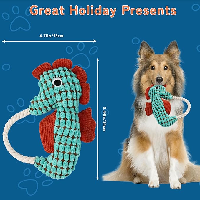 Crinkle Dog Toys Squeaky Plush No Stuffing Cute Puppy Stuffless Tough Rop Pull Toy, Fun Dog Stuffed Animals Durable Chew Set for Small Medium Large Pup (Large, Green Seahorse)