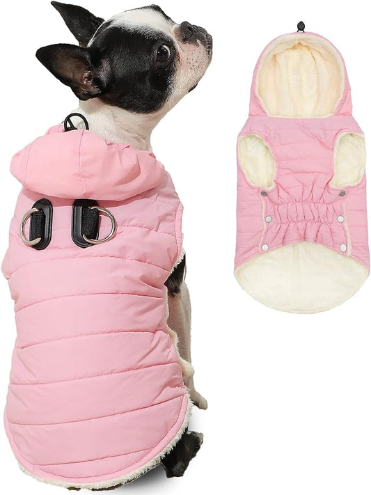 Fleece Lining Dog Hoodie with Harness Built in,Extra Warm Medium Dog Jacket in Winter Doggie Coats with Drawstring Hooded,Light Pink L