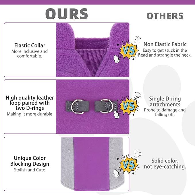 KOOLTAIL Dog Sweater - Dog Fleece Vest Jacket with Leash D-Ring for Small Medium Large Dogs, Soft Pullover Winter Warm Cold Weather Coats, Pet Fall Clothes Outfit for Puppy Cat Boys&Girls, Purple L
