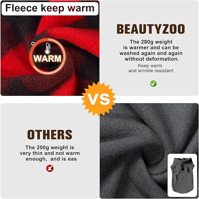 BEAUTYZOO Small Dog Sweater Fleece Vest Winter Jacket, D-Ring Leash Attachment for XS S Puppy Medium Sized Breeds Dogs, Cold Weather Dog Clothes Windproof Keep Warm, Christmas Red Plaid L
