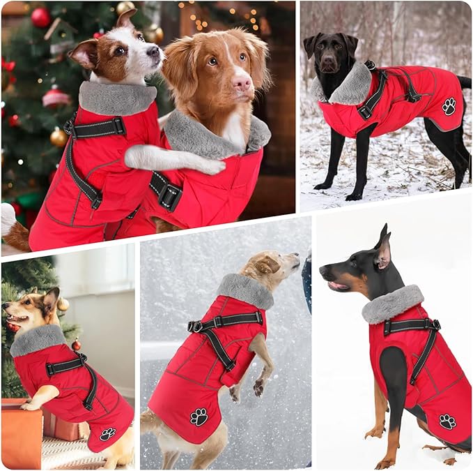Doglay Dog Jacket Waterproof Dog Coat with Harness Built in, Christmas Puppy Winter Coat Reflective Turtleneck Puffer Snow Jackets for Small Medium Large Dogs