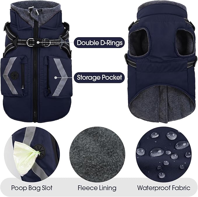 FUAMEY Fleece Lined Dog Coat, Warm Dogs Jacket with Harness, Pop Bag Pockets, Extra Large Doggy Thermal Vest Back Zipper Winter Suit, Snow Cold Weather Outfits, Cocker Spaniel (Dark Blue, 2XL)