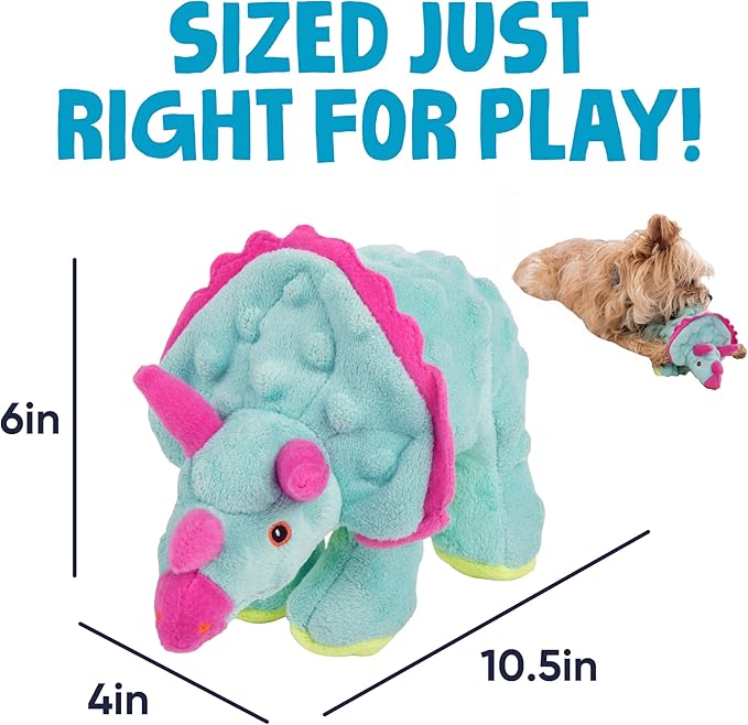 goDog Dinos Frills Squeaky Plush Dog Toy with Chew Guard Technology, Durable Fabric & Squeaker for Active Play, Teal, Small