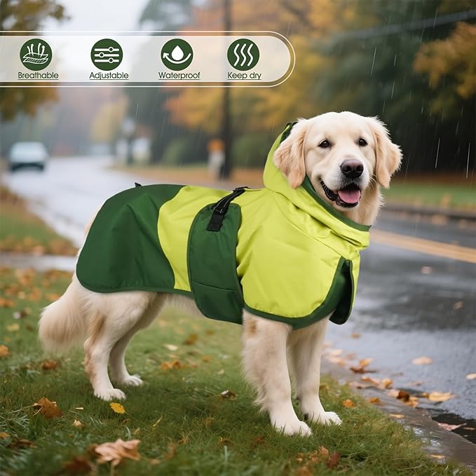 BRKURLEG Dog Raincoat for Small Medium and Large Dogs Waterproof Dog Rain Jacket Adjustable Hooded Dogs Raincoat Pet Rain Coat Poncho with Leash Hole, Reflective Strip, Green, XL