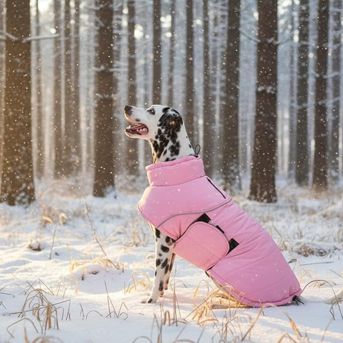 ASENKU Extra Warm Dog Coat - Fleece Reflective Puffer Jacket with Zippered Leash Hole for Large Dogs (Pink, XL)