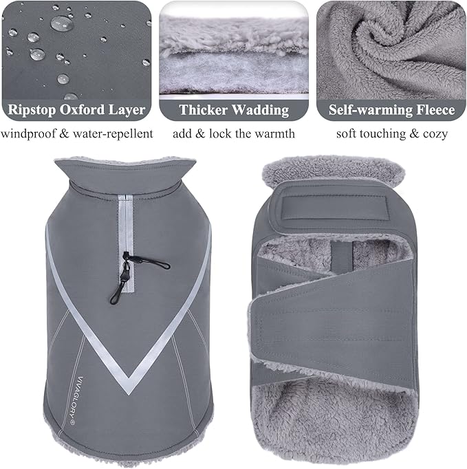 VIVAGLORY Snowrap Dog Coat, Jacket with Harness Hole & Velcro Closure, Dog Coat for Winter & Cold Weather, Fluffy Warm Fleece Lined Reflective Water Resistant for Puppy, XL, Grey