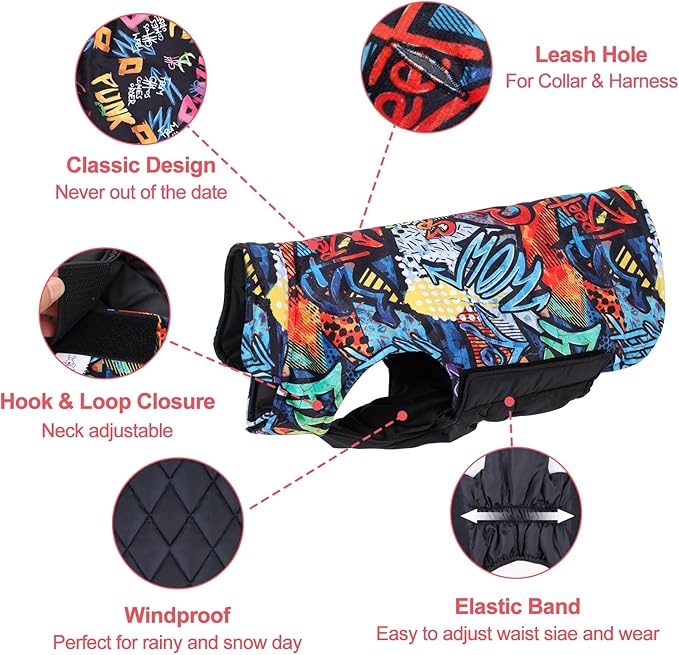 GMF32M Winter Dog Coat - Waterproof Windproof Reversible Jacket - Thick Soft Coat with Leash Hole - Adjustable for Small to Large Dogs