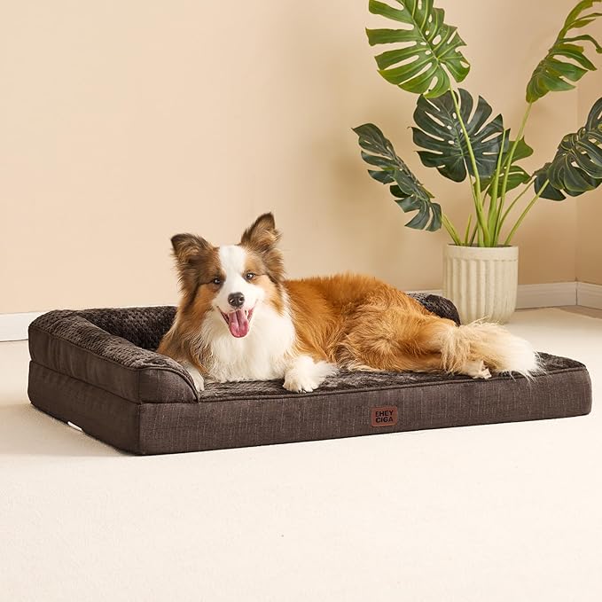 EHEYCIGA Memory Foam Dog Bed Large Sized Dogs, Pet Bed for Large Dog for Crate with Waterproof Liner, Pet Couch Bed Orthopedic with Washable Removable Cover, 35x23x6 Inches, Brown