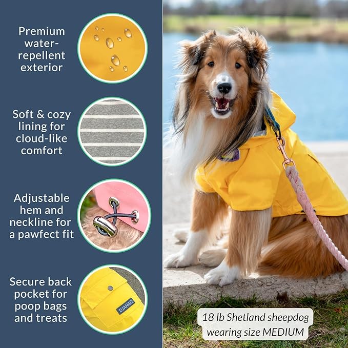 DJANGO Highland Dog Jacket & Raincoat – Water-Repellent, Lined Dog Coat with Hood, Adjustable Fit & Harness Hole – Lightweight Rain & Wind Jacket for Small & Medium Dogs up to 30 lbs (Yellow, Medium)