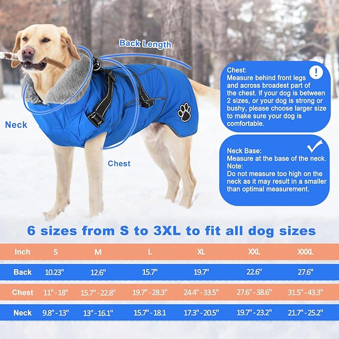 Doglay Dog Coat with Harness, Reflective Warm Dog Jacket Waterproof Puppy Winter Coat for Cold Weather, Adjustable Fleece Jacket for Small Medium Large Dogs
