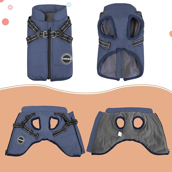 Dog Winter Coat,Warm Jacket Paded Fleece Pet Vest with Built in Harness,Windproof Reflective Cozy Adjustable Snow Pet Coat Clothes with Zipper for Small Medium Dogs
