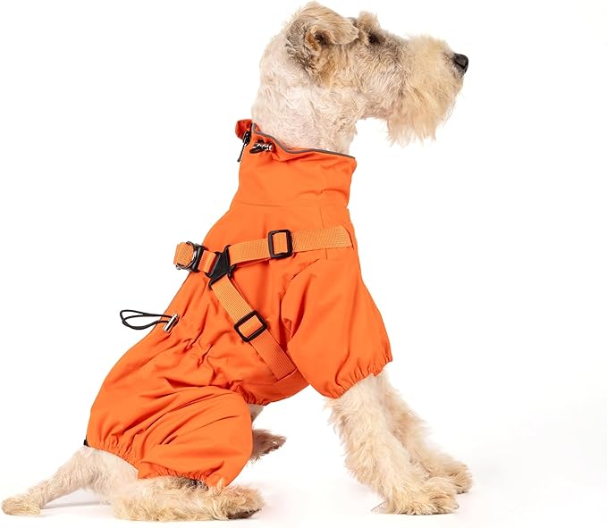 Mile High Life Waterproof Dog Raincoat, Full Coverage Small Dog Rain Coat with Harness, Adjustable 4 Legs Puppy Rain Jacket with Reflective Strip and Elastic Cuffs (Orange, S Back Length 13")