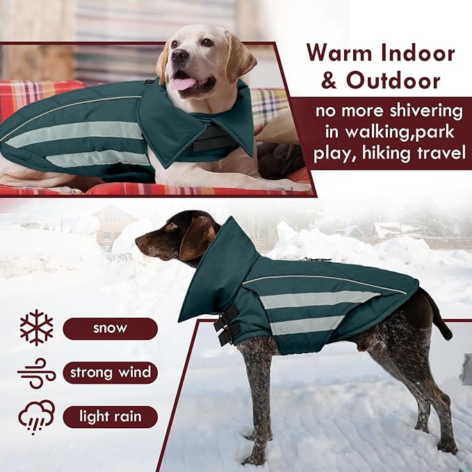 Dog Jacket for Large Dogs Winter Coat with Harness Hole Waterproof Reflective Turtleneck Snowsuit Adjustable Hook & Loop Cold Weather Coats for Dogs Border Collie Pitbull, Green 2XL