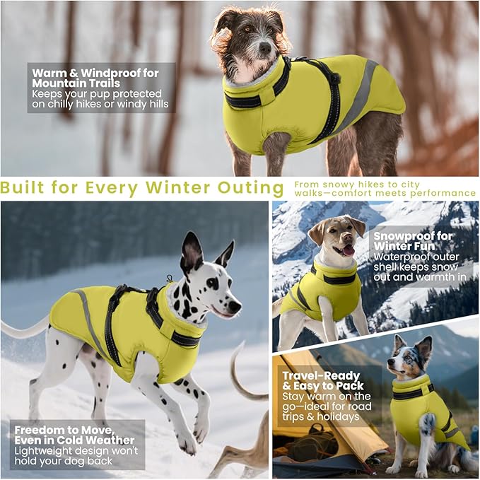 QBLEEV Large Dog Coat, Dog Winter Jacket for Large Dogs, XX-Large Waterproof Cold Weather Vest with Built-in Harness, Zipper & Reflective, Windproof Thick Warm Fleece Snowsuit Clothes, Green, XXL