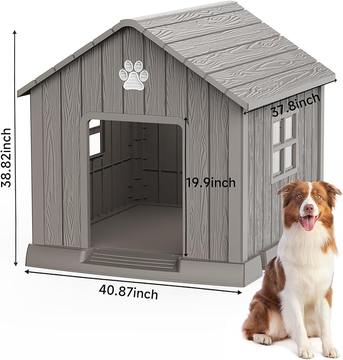 EasyUp Dog House Outdoor Indoor,Dog House Weatherproof Resin Shelter with Air Vents and Elevated Floor for Small Medium Large Dogs,Easy Clean and Assemble(37.8 * 40.87 * 38.82in,Coffee)