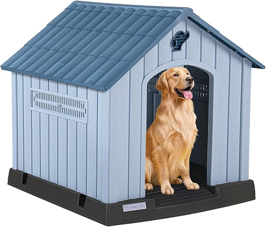 LEMBERI Large Plastic Dog House for Medium Large Dogs, Durable Waterproof Indoor Outdoor Doghouse with Air Vents and Elevated Floor, Easy to Assemble (Blue, 38.7" L x 36.8" W x 39.1" H)