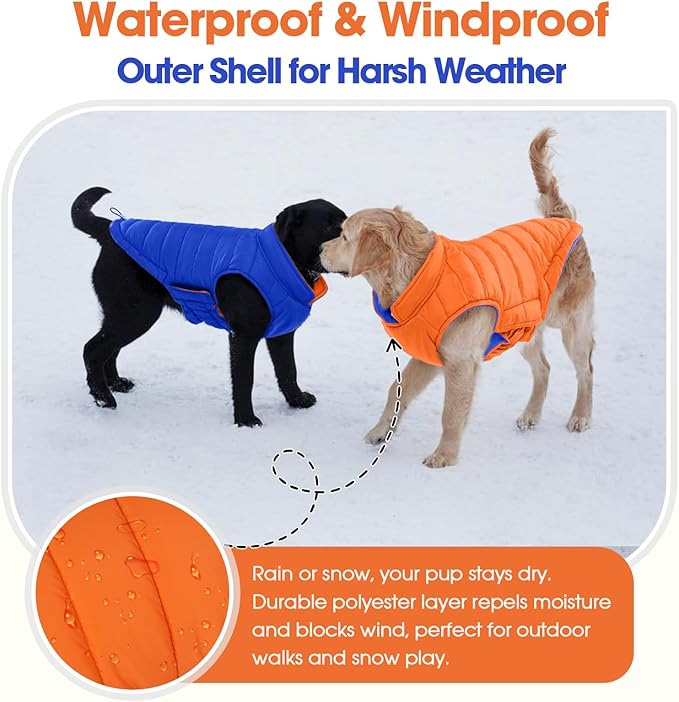 QBLEEV Reversible Dog Coat for Small Dogs, Waterproof Windproof Winter Jacket Keeps Small Breeds Warm & Dry, Lightweight Adjustable Puffer Vest with Leash Hole, Orange, XS – Fits Chihuahua, Yorkie