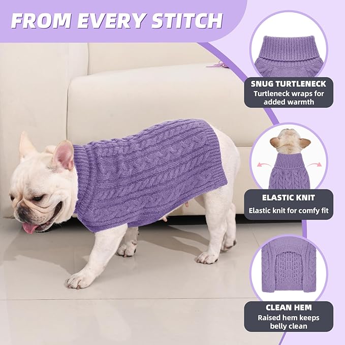 2 Pack Dog Sweaters for Medium Dogs Turtleneck Pullover Cable Knit Stretch Clothes French Bulldog Dachshund Boston Terrier Corgi Beagle Pug Boy Girl Pets Winter Clothes (L, Pink & Purple)