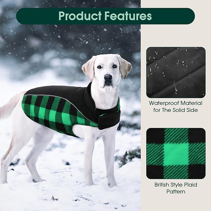 Kuoser Dog Winter Coat, Reversible Waterproof Dog Jacket with Reflective Strip, Warm Dogs Fleece Vest Adjustable Doggy Cold Weather Clothes Plaid Christmas Outfit Pet Apparel for Small Dogs, Green XS