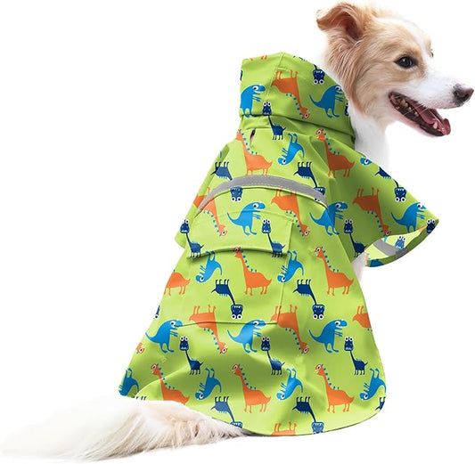 NACOCO Large Dog Raincoat Adjustable - Pet Dinosaurs Water Proof Clothes Lightweight Rain Jacket Poncho Hoodies with Strip Reflective Green (L, Green Dinosaur)