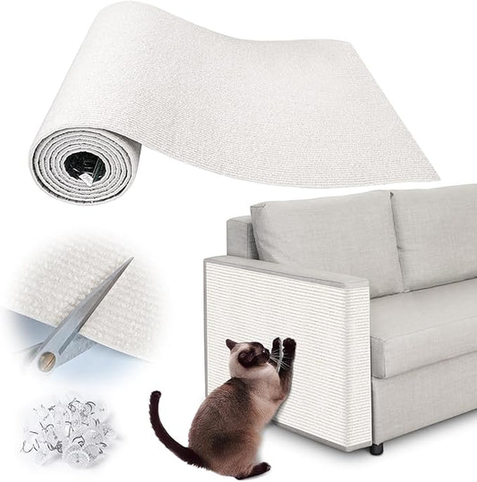Cat Scratch Furniture Protector - 138" x 15.8" Trimmable Self-Adhesive Cats Claws Scratch Pads, DIY Cat Climbing Couch Protector for Scratch Post Cat Tree Replacement Indoor (Cream White)