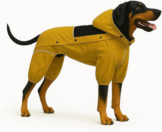LOVELONGLONG Waterproof Dog Raincoat with Removable Hood – Outdoor Full Body Dog Jacket, Windproof Snowproof Shell Suit – All Season Pet Rain Gear Mustard Yellow XS