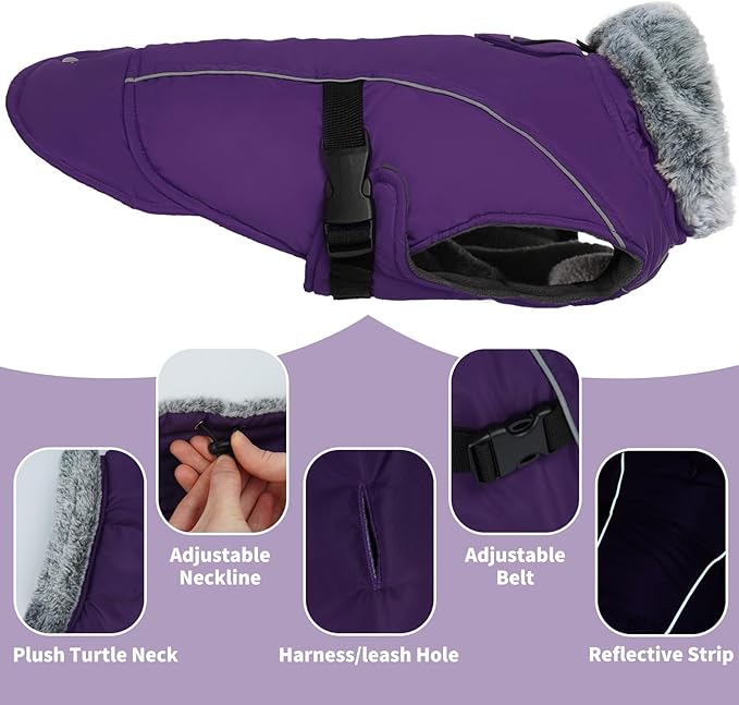 DENTRUN Large Dog Coat - Thick Fleece Lined Reflective Winter Jacket, Snap Closure & Leash Hole, Warm Thick Fleece Lined, Plush Turtleneck Vest for German Shepherd, Purple, XXL