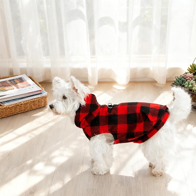 EXPAWLORER Dog Hoodie Fleece Sweater Vest, Plaid Dog Sweatshirt Fall Winter Pet Clothes with Leash Ring, Sleeveless Warm Cozy Puppy Clothing for Cat Small Medium Large Dogs Girl Boy, Checkered M