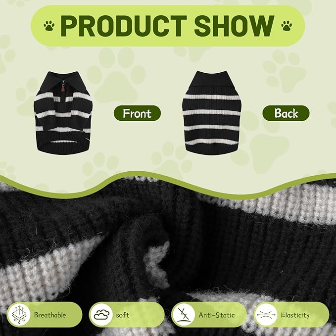 Small Dog Sweater with Zipper, Knitted Striped Pullover Dog Clothes for Cold Weather, Thick Warm Cozy Stretchy Sweater for Chihuahua, Bulldog, Dachshund, Pug(Black & White Strip, M)