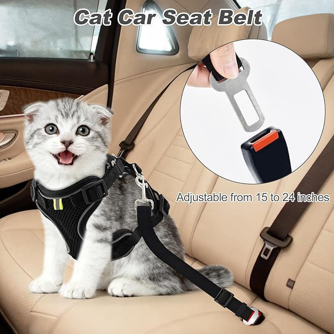 Kitten Cat Harness and Leash Set, Escape Proof Soft 4-Adjustable Cat Walking Vest Harness, Reflective Strips in Harness for Kitty Puppy Bunny Car Travel, with Car Seatbelt Leash (Black, S)