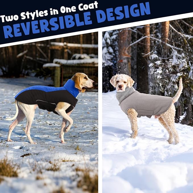Warm Dog Coat,Waterproof Jacket in Winter Adjustable and Reversible Doggy Fleece Outfit,Thick Clothes with Foldable Collar for Puppy in Cold Days,L RoyalBlue