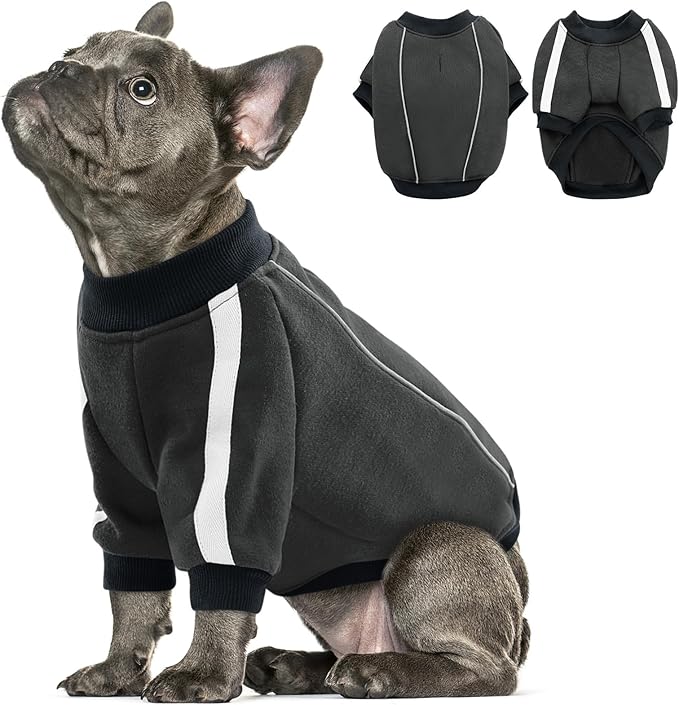 Queenmore Fleece Dog Sweater for Male Dogs, Soft Pullover Dog Sweatshirt with Leash Hole/Reflective Stripes – Cozy Winter Fleece Jacket for Small Medium Large Boy Puppy, Grey S