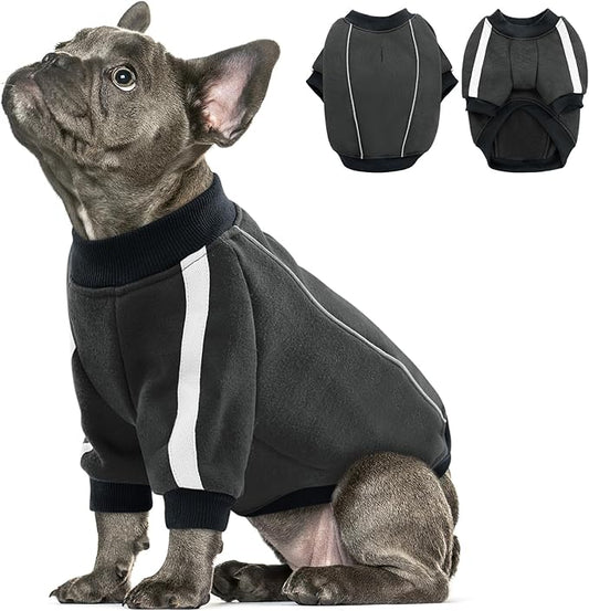Queenmore Fleece Dog Sweater for Male Dogs, Soft Pullover Dog Sweatshirt with Leash Hole/Reflective Stripes – Cozy Winter Fleece Jacket for Small Medium Large Boy Puppy, Grey S