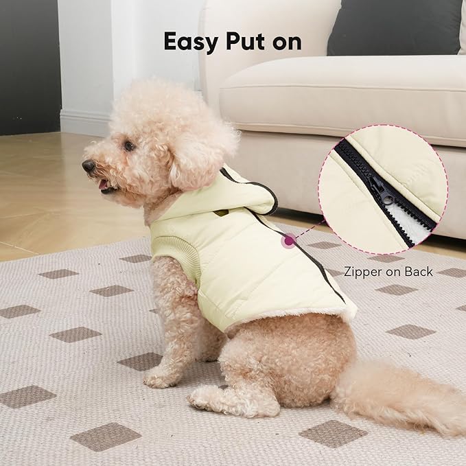 Fleece Lining Dog Hoodie with Harness Built in,Extra Warm Medium Dog Jacket in Winter Doggie Coats with Hooded,Light Yellow XL