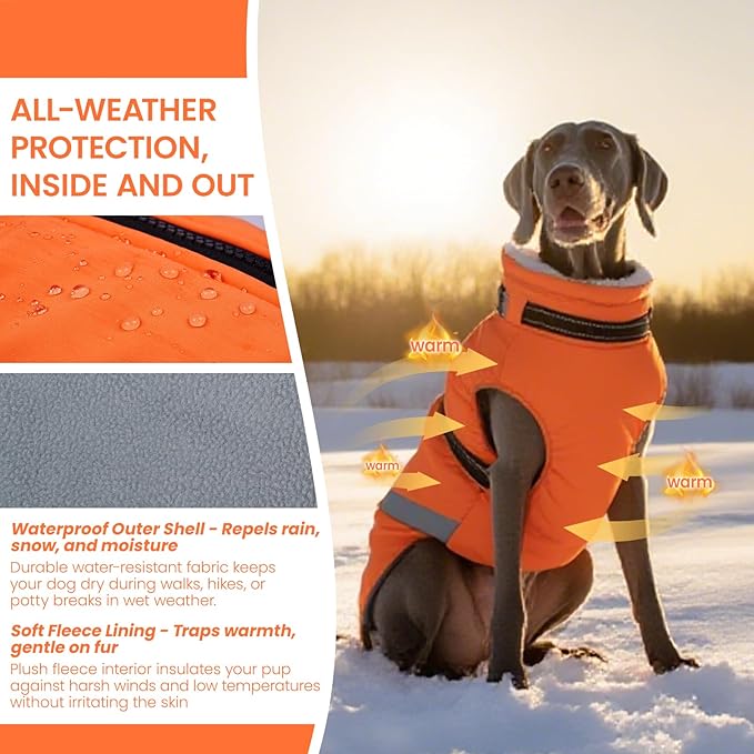 QBLEEV Dog Coat for Large Dogs, XL Dog Jacket for Winter Snow Waterproof with Built-in D-Ring Harness, Reflective Warm Thick Fleece Safety Vest, Cold Weather Snowsuit with Zip, Orange, XL