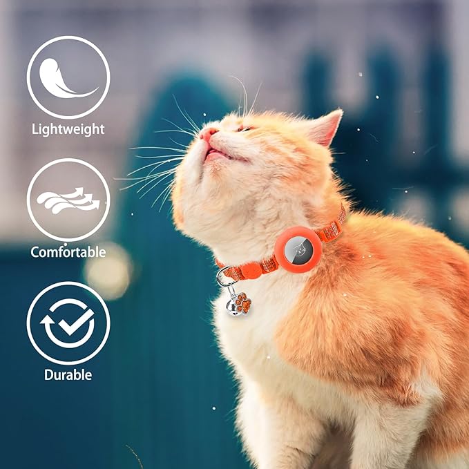 PUPTECK Airtag Cat Collar Breakaway 2 Pack with Bells, Reflective Kitten Collar with Air Tag Holder for Boy Girl Kitty and Puppies, Soft, Orange & Purple
