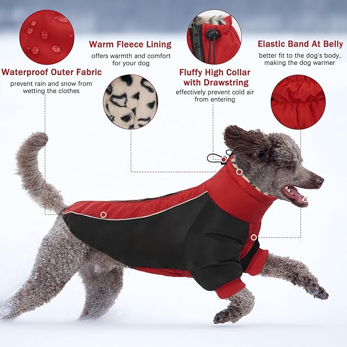 IDOMIK Reversible Dog Winter Coat, Thick Warm Dog Coat with Leopard Fleece Lining&Zipper, Adjustable High Collar Waterproof Jacket, Reflective Pet Cold Weather Coats for Large Dogs,Red,XL