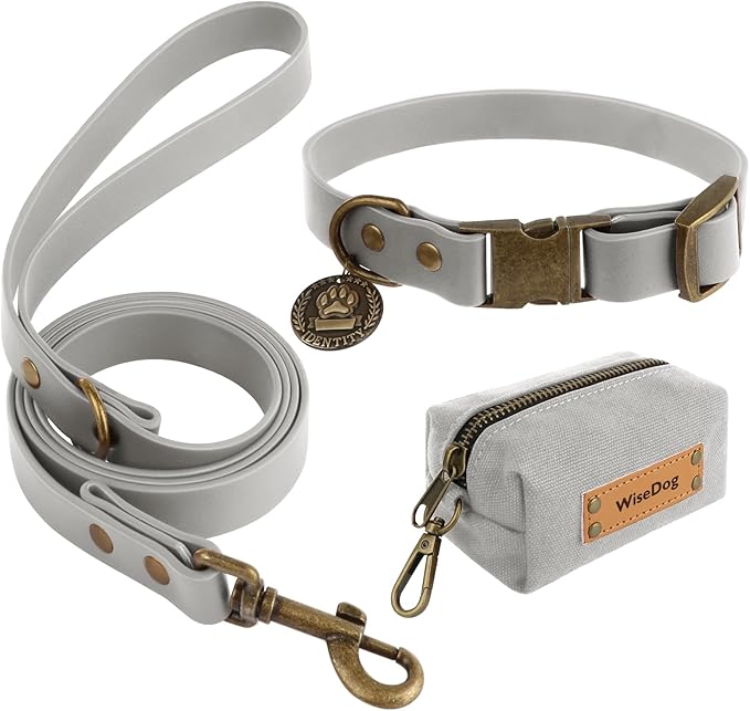 Wisedog Dog Collar and Leash Set, Waterproof Adjustable Puppy Collars with Cute Tag 6FT Dog Leash with Poop Bag for Small Medium Large Dogs (S(Collar:10"-14";Leash:4 ft), Grey)