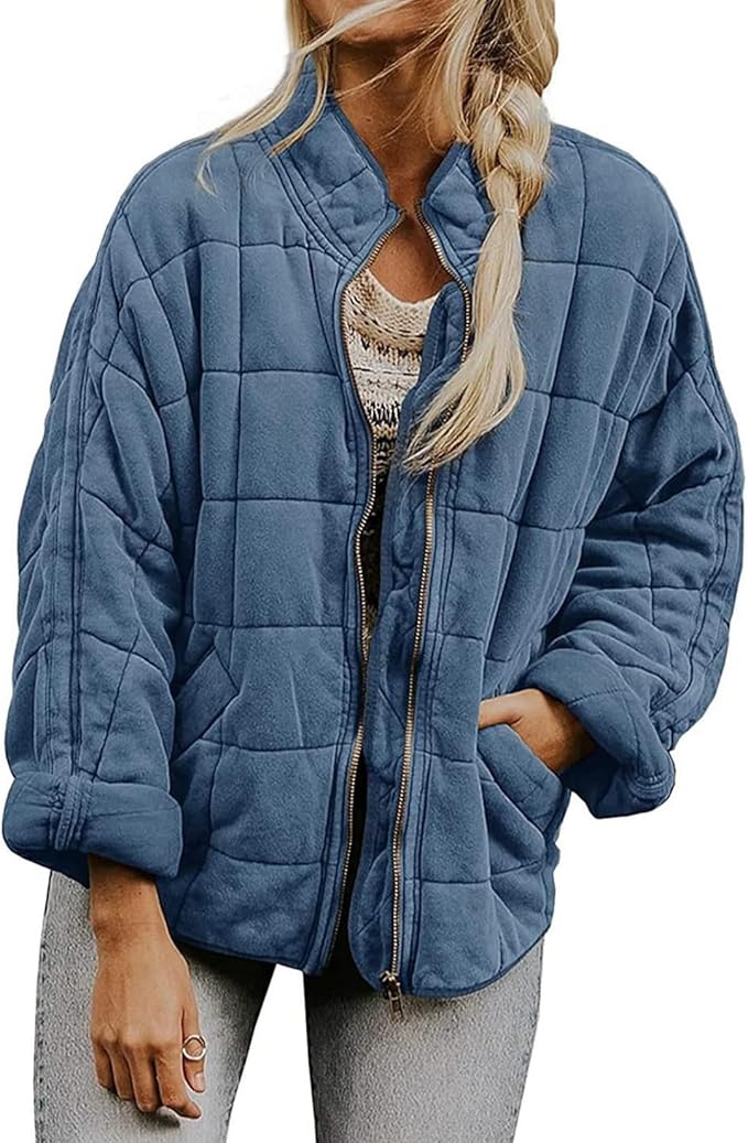 LIZALIG Warm Padded Coat for Women Full Zip Quilted Jackets Winter Oversized Causal Solid Color Stand Collar Pockets Coat