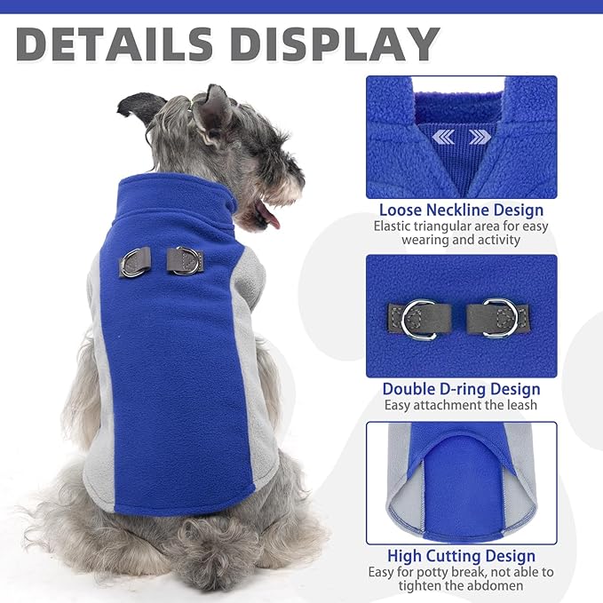 KOOLTAIL Small Dog Sweater - Dog Fleece Vest Jacket with Leash D-Ring for Small Medium Dogs, Soft Pullover Winter Warm Cold Weather Coats, Pet Fall Clothes Outfit for Puppy Cat Boys&Girls, Blue XS